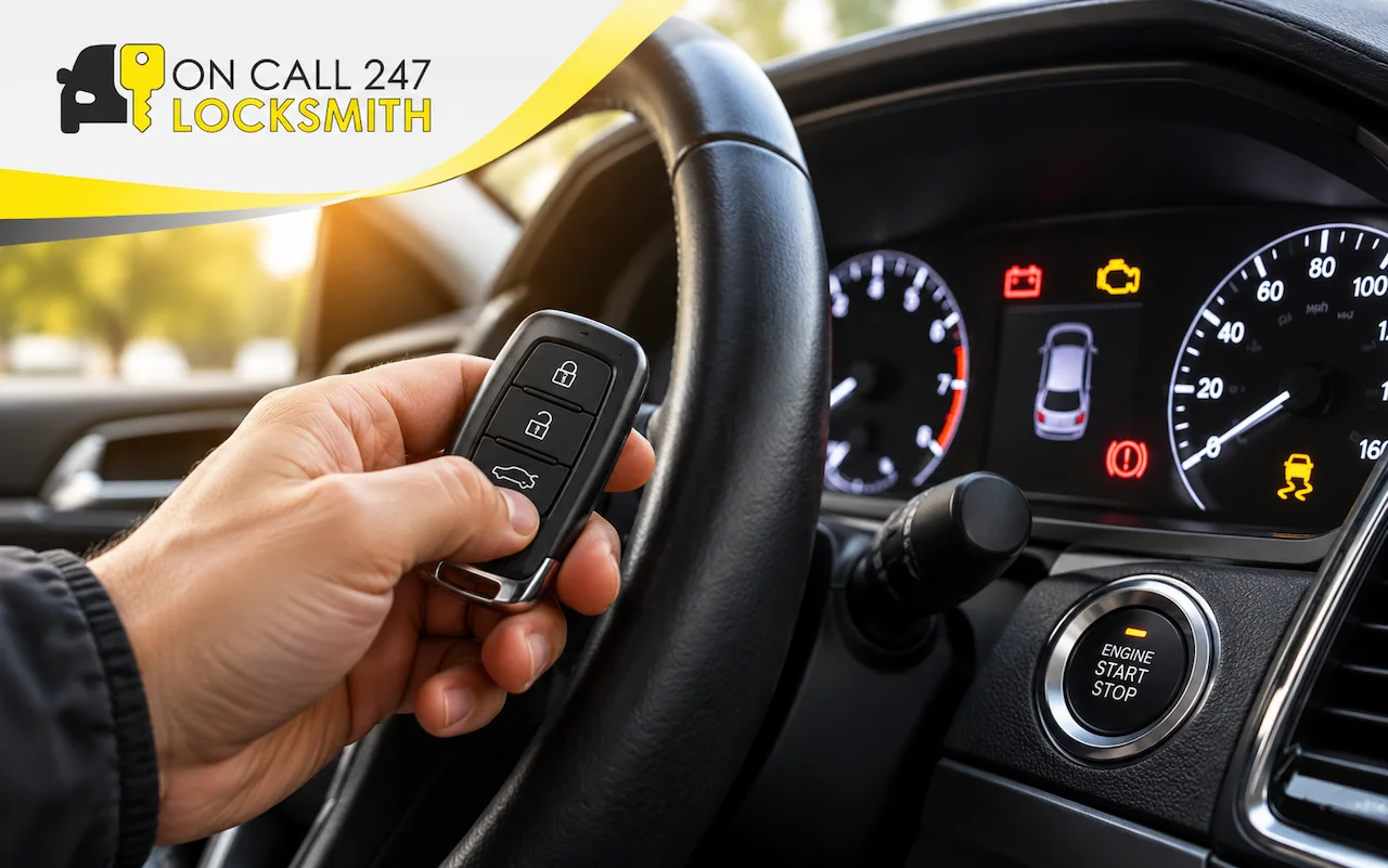 Hand holding a car key fob inside a vehicle with dashboard warning lights on, illustrating a key fob works but car won’t start issue, with On Call 247 Locksmith branding.